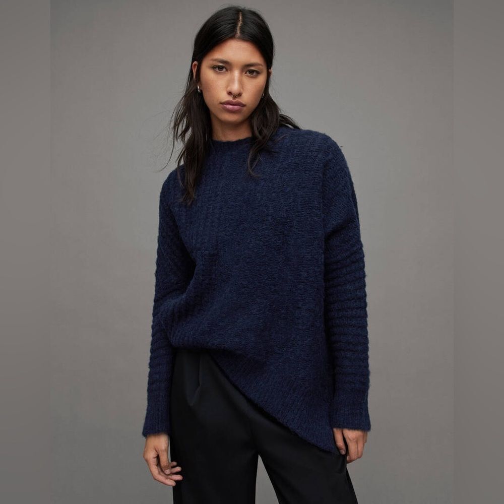 All Saints Selena Mixed Stitch Asymmetric Sweater Midnight Blue, NWT, Size S - Picture 3 of 12